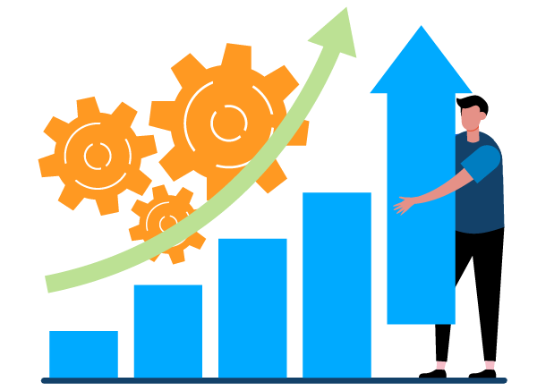 Eine Illustration zeigt eine steigende Balkengrafik mit einem grünen Aufwärtspfeil, der Wachstum symbolisiert. Im Hintergrund sind orangefarbene Zahnräder zu sehen, die für Prozesse und Effizienz stehen. Ein Mann hält einen großen blauen Pfeil fest, der nach oben zeigt, was Fortschritt und Erfolg darstellt.