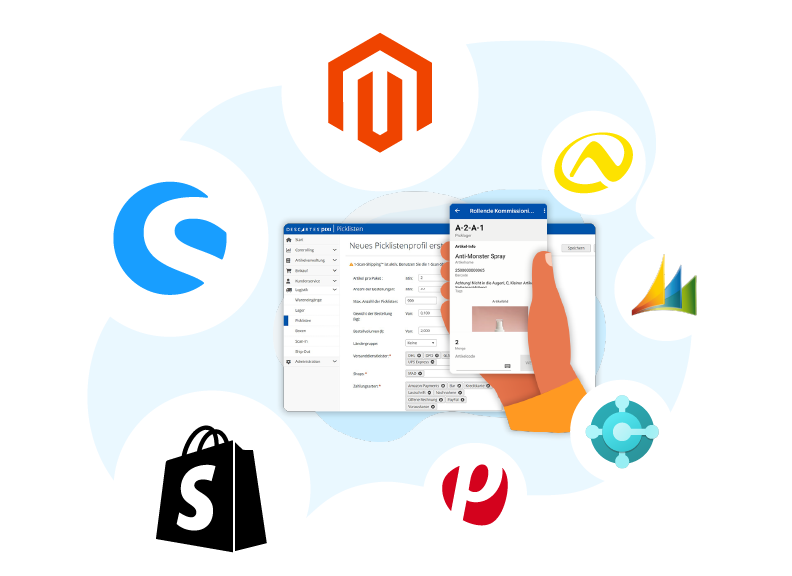 Um einen Bildschirm und ein MDE, die beide die Software Descartes pixi zeigen, sind die Logos von Shopify, Shopware, Magento, Afterbuy, Navision und MS Business Central. 